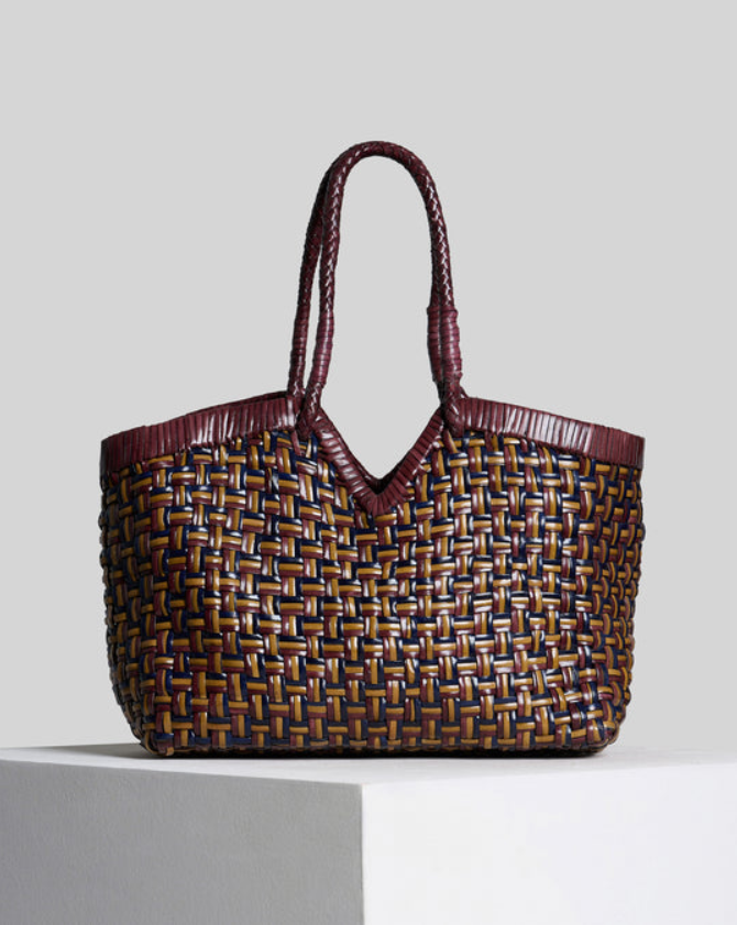 Sac Vipera Crudelia en cuir bordeaux et moutarde – vue de face